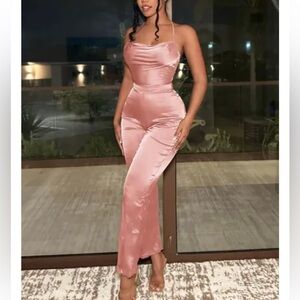 Rose Satin Open Back Jumpsuit